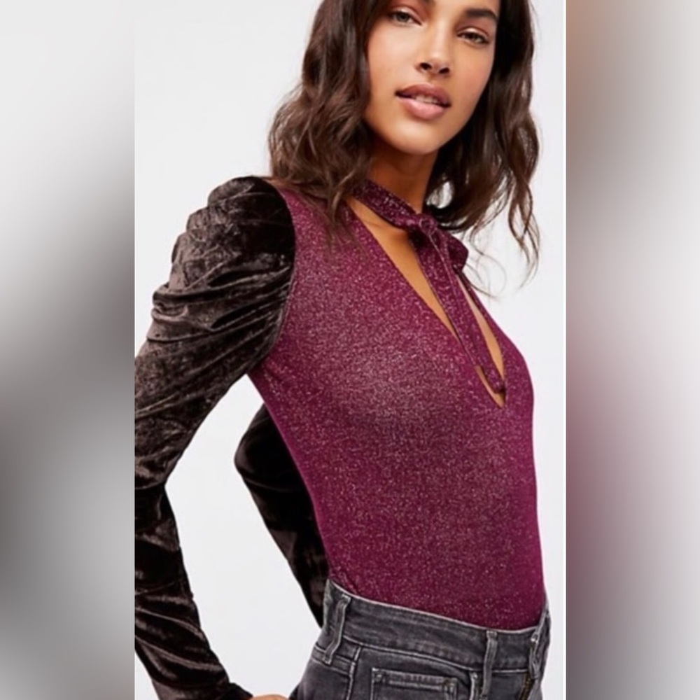 Free People Dark Purple Sparkly Velvet Long Sleeve Top Tie Front Size Large